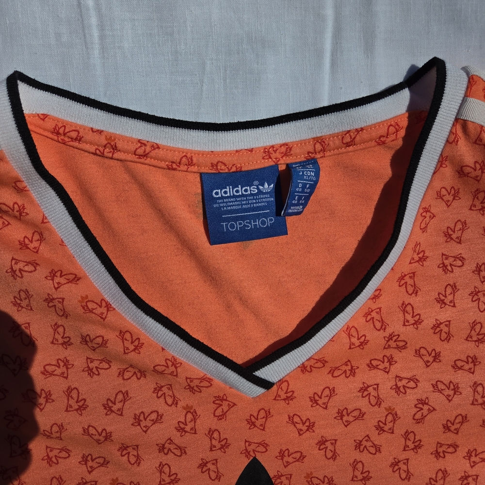 Topshop & Adidas Collaboration Women's XL (US) T-shirt V-Neck Orange Black VTG - Picture 2 of 13